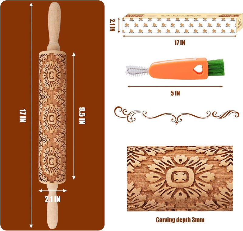 XINBADA 17" Premium Wooden Rolling Pins for Baking with European Embossed Designs | 3mm Deep Springerle Cookie Molds | Christmas Rolling Pin & Baking Gifts for Women | Includes 3-in-1 Cleaning Brush - Image 2